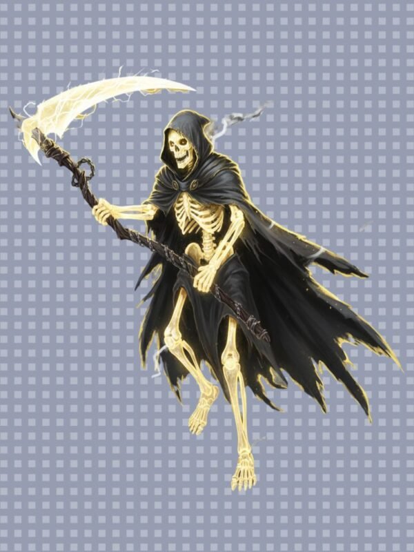 Radiant Reaper PNG | Glowing Skeleton Sublimation File | White-Gold Death Scythe Art for Gothic Apparel & Merch