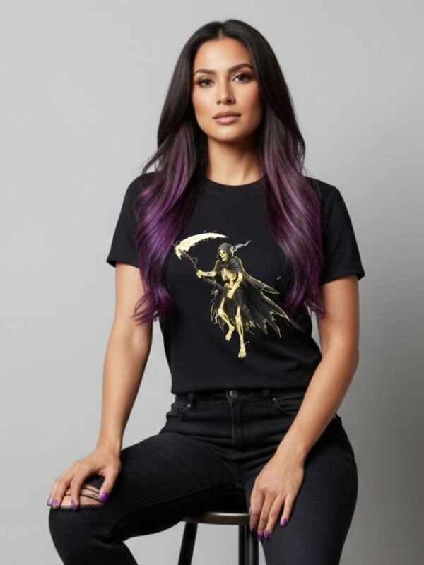 Radiant Reaper PNG | Glowing Skeleton Sublimation File | White-Gold Death Scythe Art for Gothic Apparel & Merch