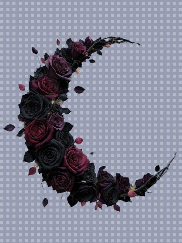 gothic png, dark romance, rose moon, crescent moon, black rose, red rose, floral sublimation, t-shirt design, velvet moon, romantic gothic, transparent png, high contrast, moon art