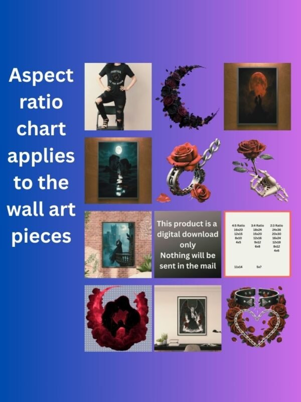 Aspect ratio chart applies to the wall art pieces (1) Dark Romance 10-Piece Ultimate Digital Art Bundle | Gothic Sublimation PNG Pack & Wall Art Prints | Velvet Moon, Chains of Devotion, Possessive Embrace | High-Resolution Commercial Use Graphics