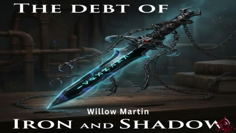 Close-up of a highly detailed, gothic Cursed Dagger. The black metal blade features glowing cyan runes, and the hilt is wrapped in heavy iron chains. The pommel is a horned skull. Title: The Debt of Iron and Shadow.