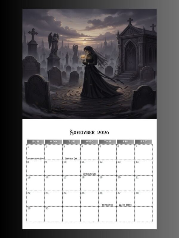 2026 Calendar PDF | Gothic Dark Romance Calendar| 11x8.5 Printable Vampire Art File