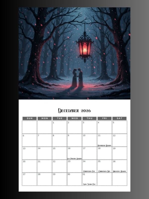 2026 Calendar PDF | Gothic Dark Romance Calendar| 11x8.5 Printable Vampire Art File