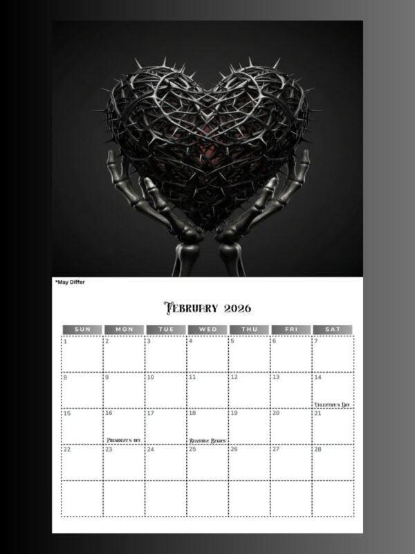 2026 Calendar PDF | Gothic Dark Romance Calendar| 11x8.5 Printable Vampire Art File