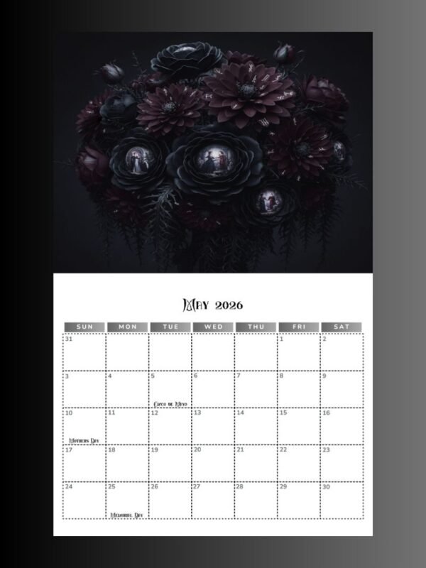 2026 Calendar PDF | Gothic Dark Romance Calendar| 11x8.5 Printable Vampire Art File