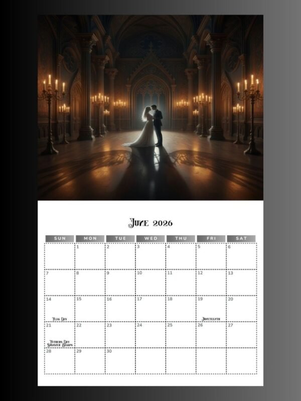 2026 Calendar PDF | Gothic Dark Romance Calendar| 11x8.5 Printable Vampire Art File